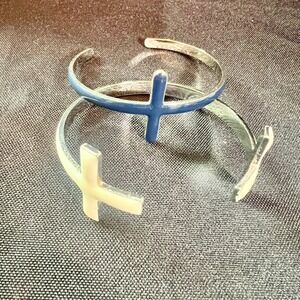 Lot 2 Enamel Cross Cuff Bracelets Silver Blue & Cream Open Bangle Stackable